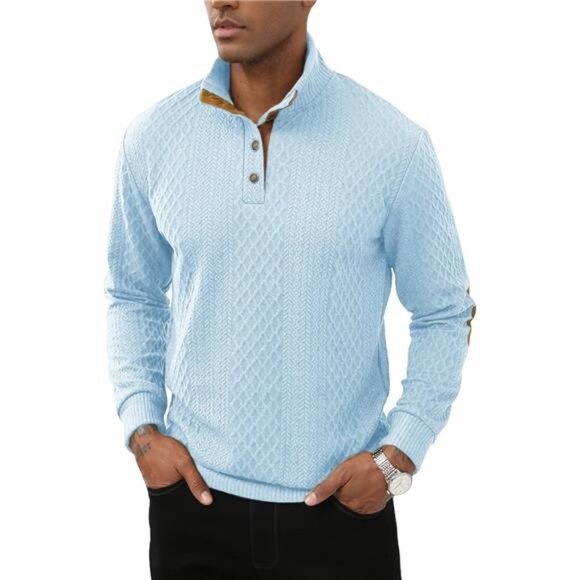Mens Casual Knitted Pullover Sweater Long Sleeve Stand Collar Sweater Light Blue - Picture 3 of 6
